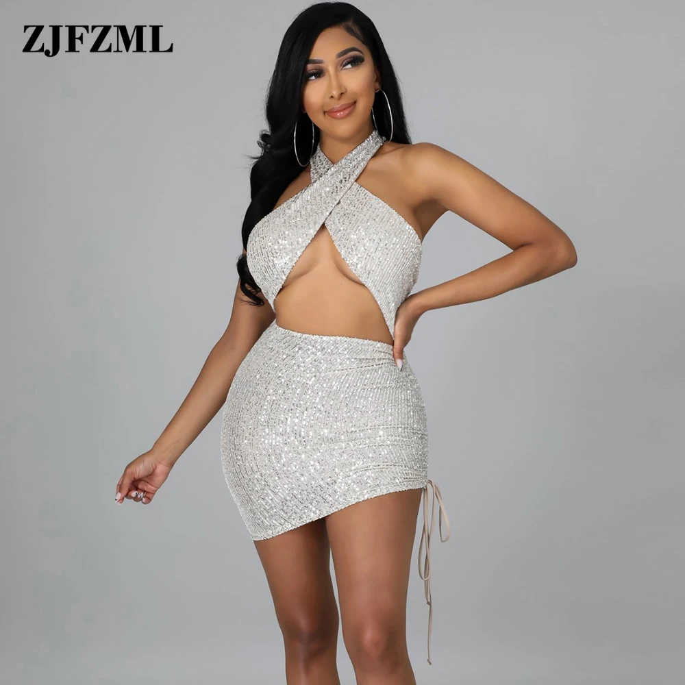 

Элегантное Сексуальное Женское блестящее платье с блестками и лямкой на шее, женское хипстерское платье с открытыми плечами, вырезами и рюш...