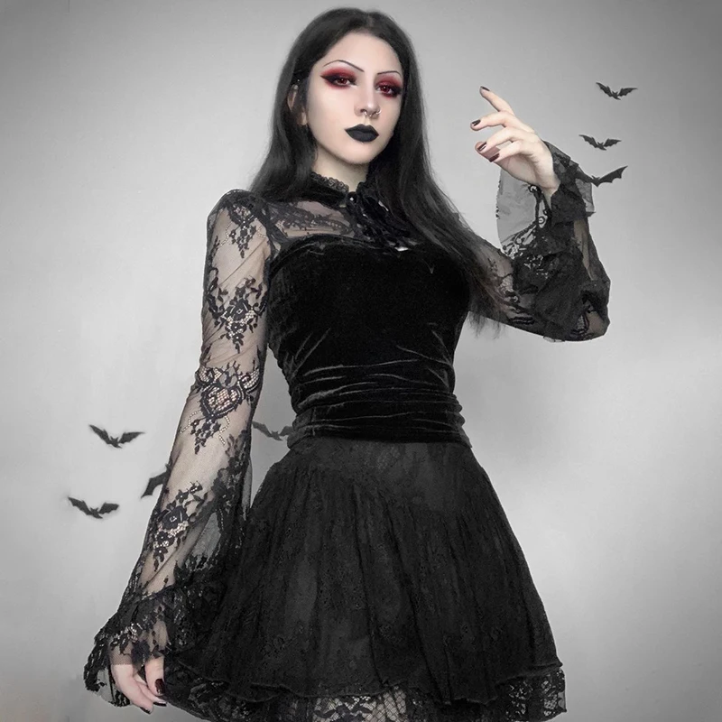 

Helisopus Готический Темный Ретро кружевной топ Y2K эстетика панк сексуальный стоячий воротник расклешенный рукав Топ Осенняя женская футболка