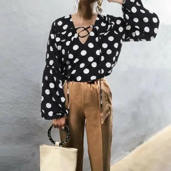 

New Summer Fashion Women Polka Dot Striped Leopard Shirts Casual Long Sleeve V Neck Loose Blouse Tops Tunic Plus Size