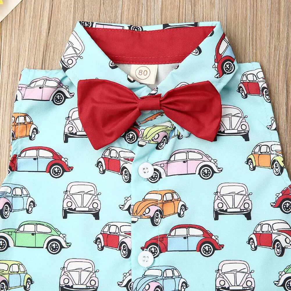 2PCS Kids Baby Boy Gentleman Clothes Cartoon Car Tops Shorts Outfits Set Summer |
