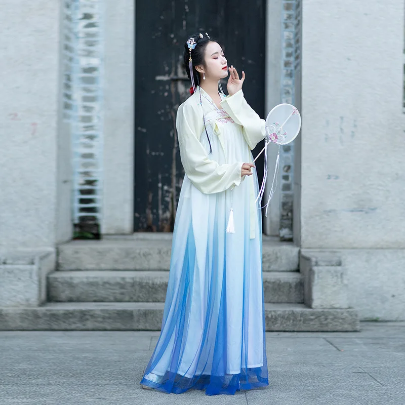 Градиентная синяя традиционная китайская одежда костюм hanfu Женский Белый Топ