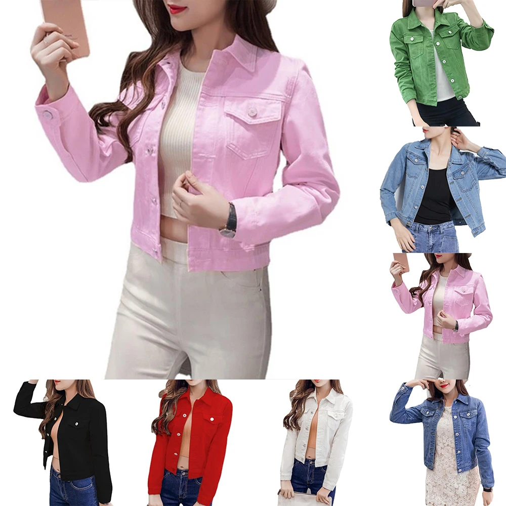 

Denim Jacket Ladies Short Coat Slim Red Denim Jackets Simple-Buttons Lapel Women Long Sleeve Top Fashion Casual Coats Winter