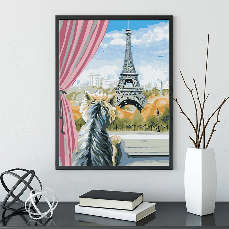 Раскраска по номерам AZQSD сделай сам собака в Париже уникальный подарок живопись