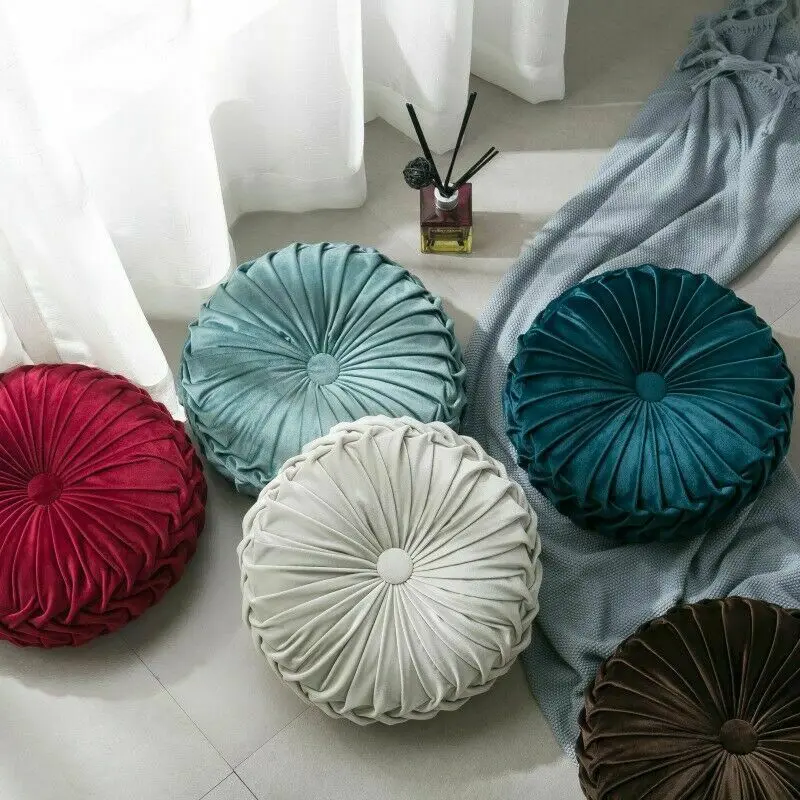 

Newest Home Textile Velvet Pleated Round Solid Color Cushion Pouf Throw Home Soft Cushion