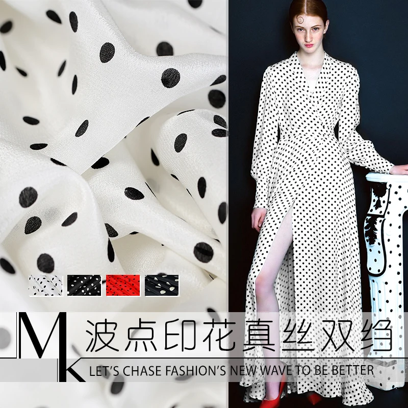113 см широкая волнистая точечная печать шелковая ткань метр креп де шин натуральный материал платье оптом ткань на.