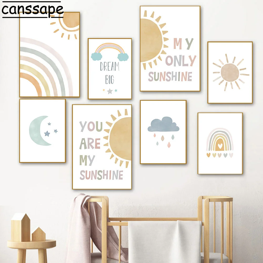 

Nordic Wall Art Canvas Painting Rainbow Print Sun Moon Posters Cloud Paintings Nursery Wall Pictures Baby Bedroom Decoration