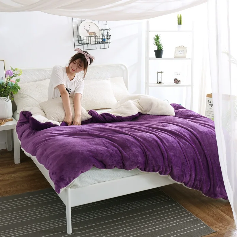 purple duvet cover AB сбоку зима пододеяльник из берберского флиса одеяла крышка ягненка матрас, домашний текстиль 1 предмет, однотонное теплое одеяло бархат покрывало - Цвет: purple duvet cover