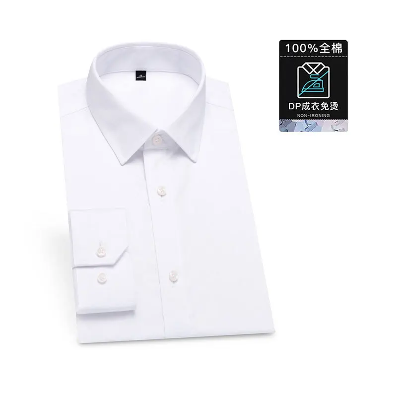 

High end pure cotton DP ready to wear no iron shirt men's long sleeve pure color wrinkle resistant white shirt professional