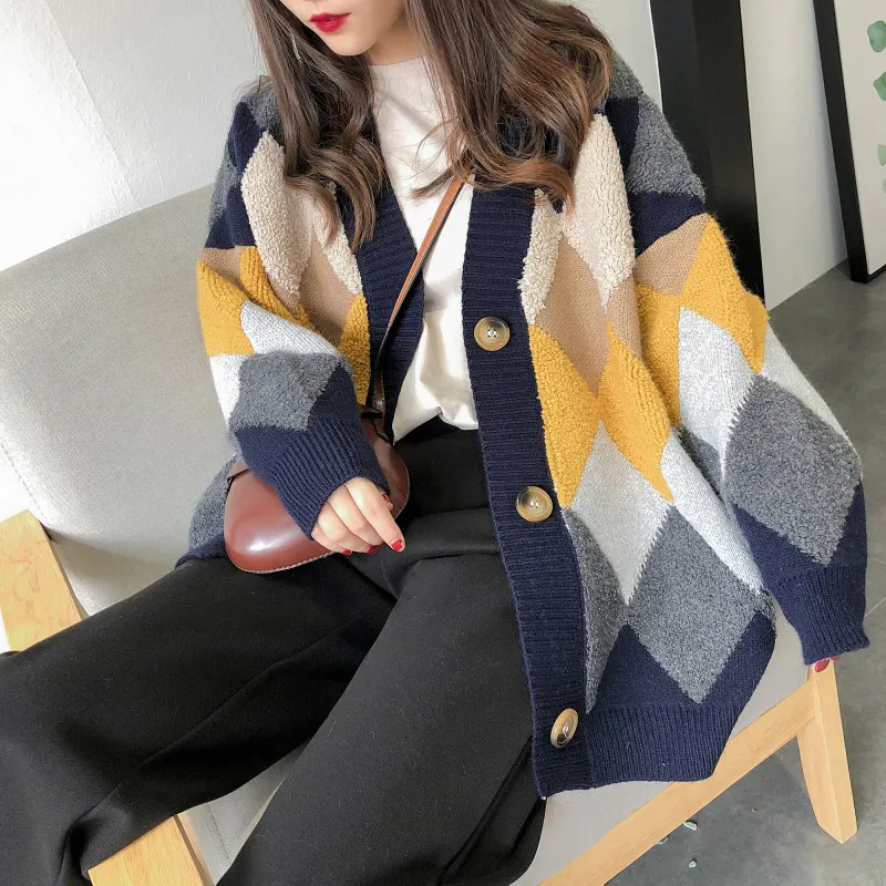 

3 colors 2019 autumn winter v neck color patchwork plaid sweater womens knitted cardigans womens (N0047)