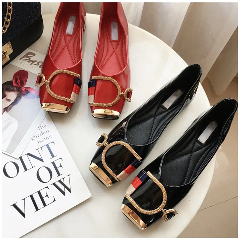 SUOJIALUN Rhinestone Buckle Flat Shoes Women Square Toe Ballerina Slip On Ladies Shoes Fashion Design Luxury Loafers Flat Shoes