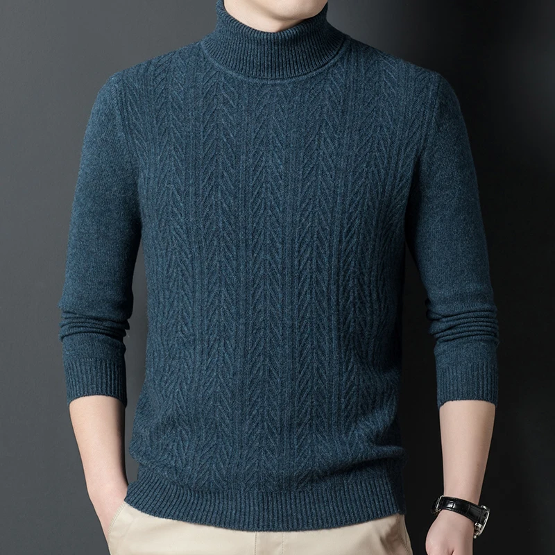 Men's Thick 100% Sheep Wool Knitwear Autumn & Winter Turtleneck Cashmere Jumper Male Pure Wool High Collar Warm Sweaters