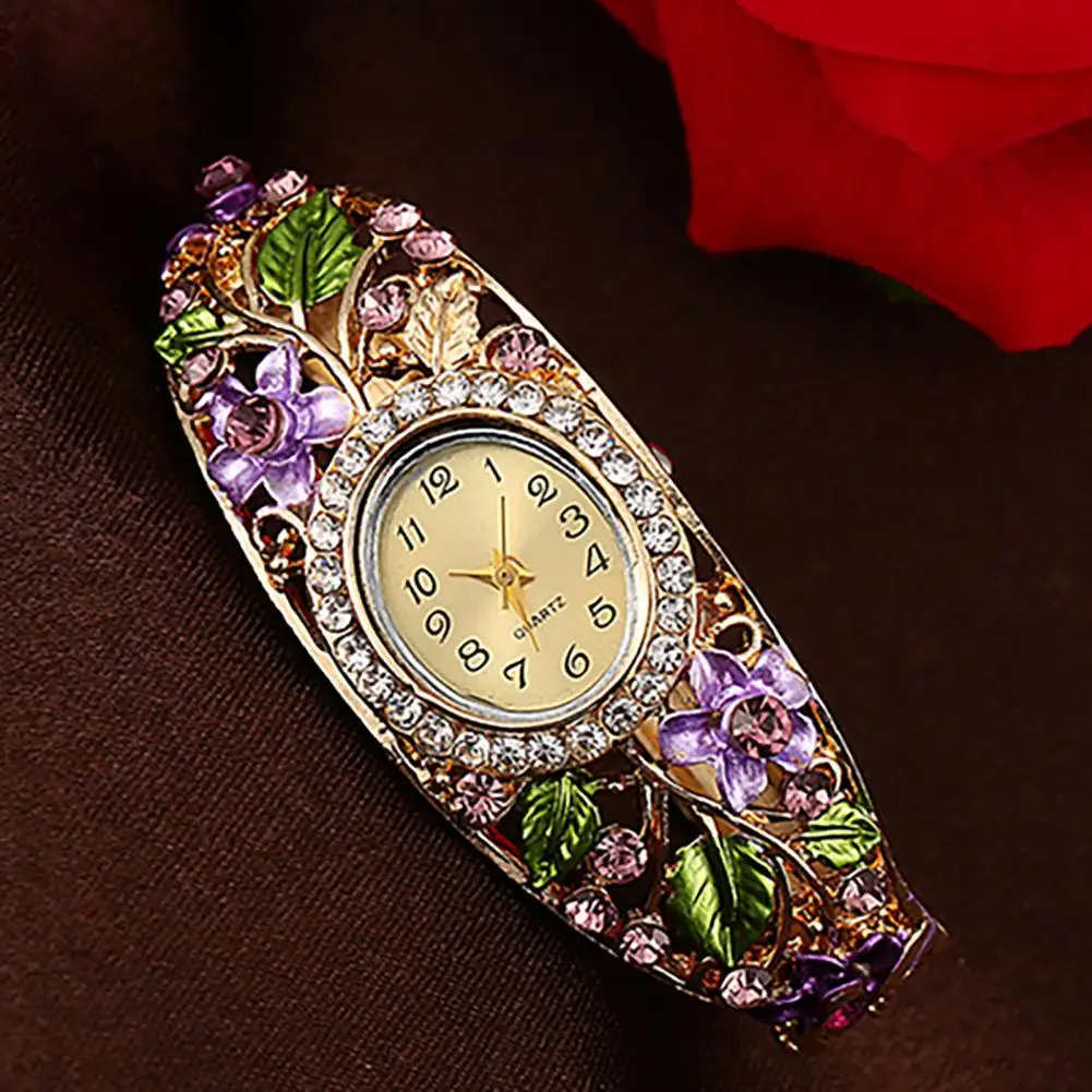 

80% Hot Sale Vintage Women Watch Lady Clock Crystal Colored Flower Bangle Bracelet Watch Analog Quartz openwork diamond Watch