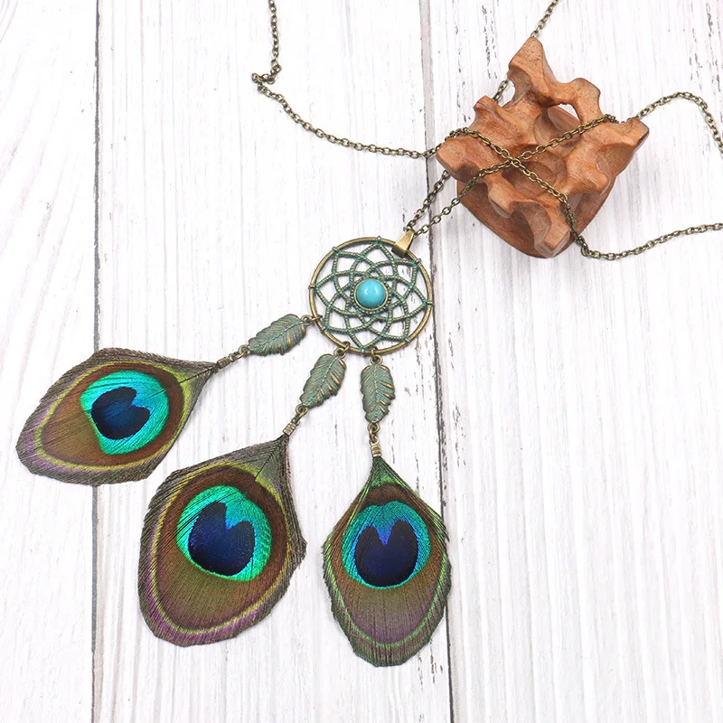 Женская богемная подвеска с натуральным пером павлина цепочка для свитера