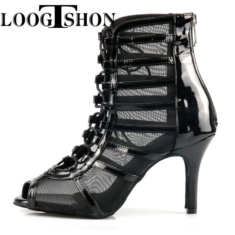 

Loogtshon Women Latin Dance Shoes Skin Satin Shining Big small rhinestone dancing shoes Flare heel 9cm Narrow foot Adjust width