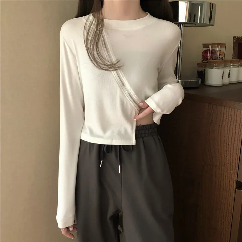 

Women's Clothing Korean Long Sleeve T-shirts Causal Loose Tees Zipper O-neck Solid Ladies Tops Fashion Brand Spring Autumn New