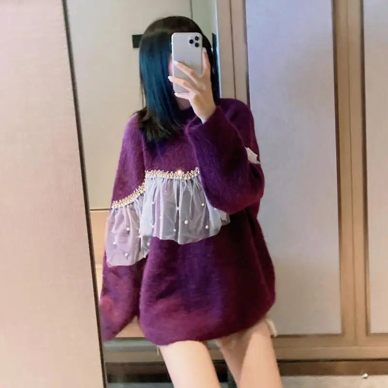 

Женский пуловер с длинным рукавом, подиумный пуловер оверсайз в сеточку с жемчужинами и бусинами, Рождественский свитер, Осень-зима 2020