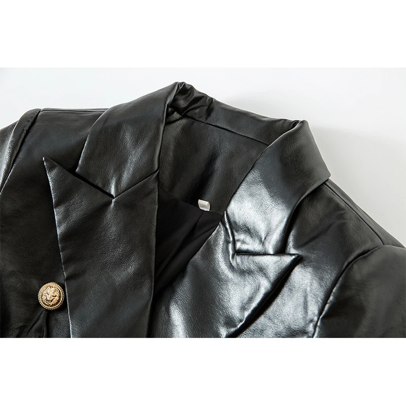Фото Женский блейзер HarleyFashion, из искусственной кожи, с золотыми пуговицами, черного цвета, в европейском и американском стиле №3