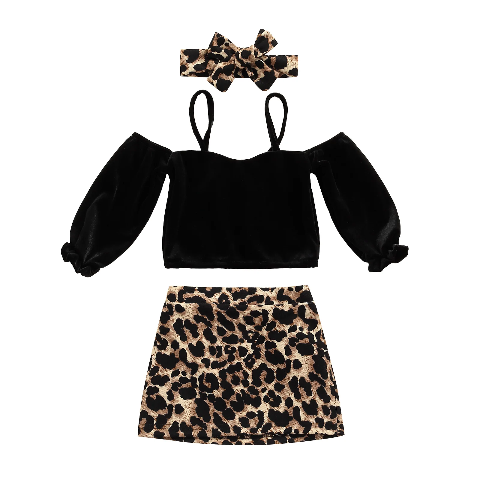

Bmnmsl Girls Casual Two-piece Clothes Set Black Solid Color Pullover Top Leopard Print Skirt and Bow Knot Headdress Outfits Suit