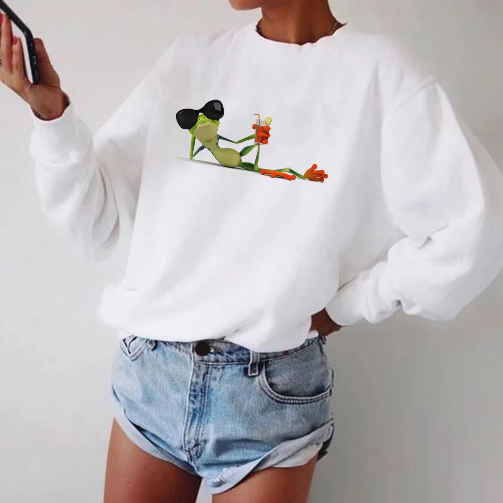 

Funny Cartoon Frog Women Hoodies Frog Who Likes To Drink Juice Graphic Sweatshirts Harajuku Creative Anime Style Top Female