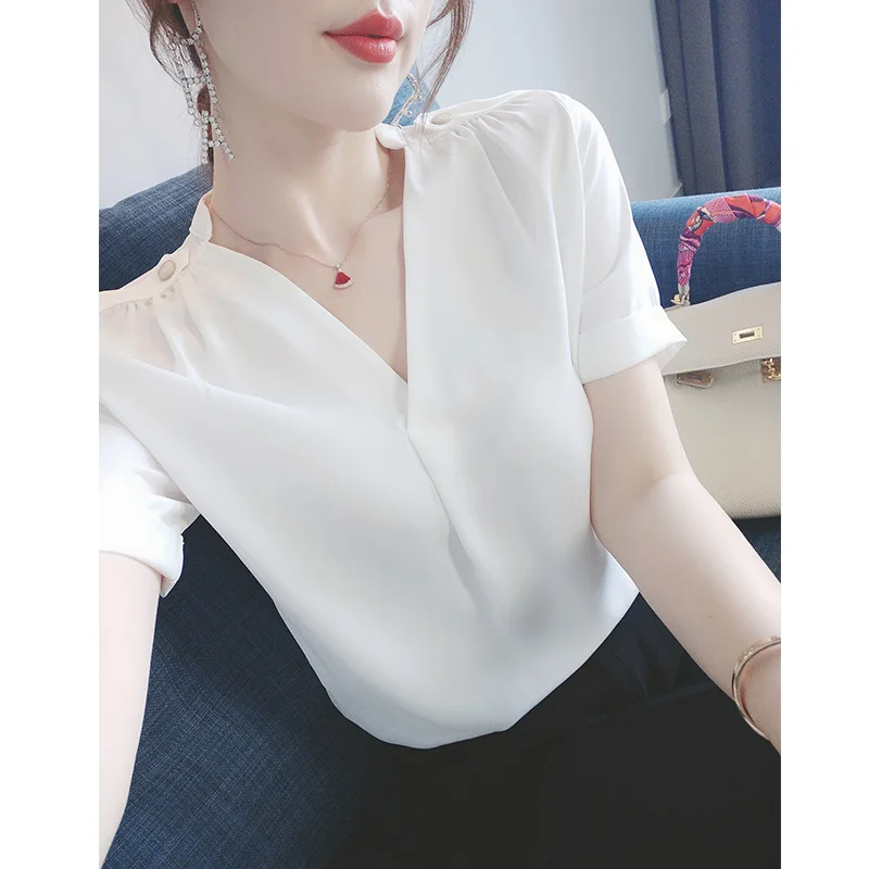 

Blouse Women 2021 Summer Chiffon Shirts Blouse Tops Fashion Casual V-Neck short sleeve Blouses Femme Blusa