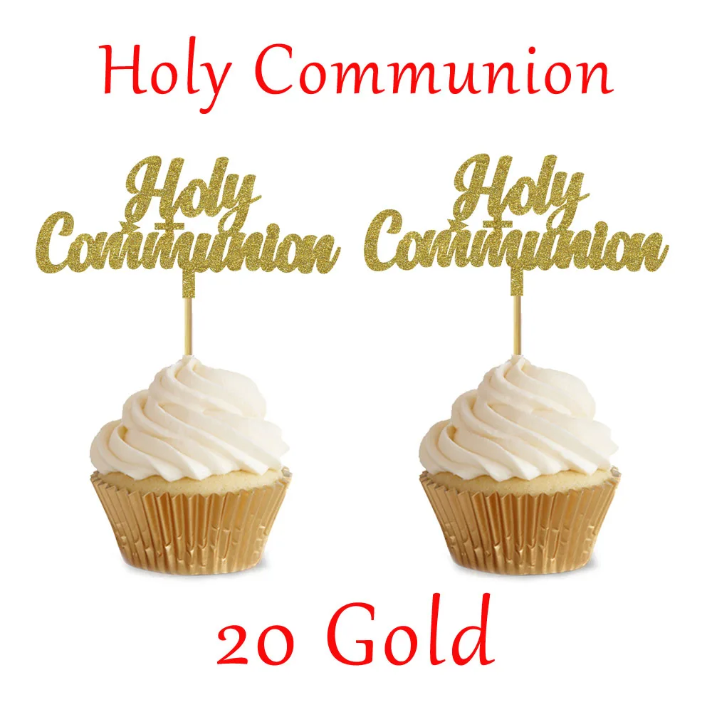20pcs Gold English 20 штук Золотой Серебряный Primera Comunion украшения для кексов, Первое Святое Причастие вечерние украшение для торта Топпер - Цвет: 20pcs Gold English