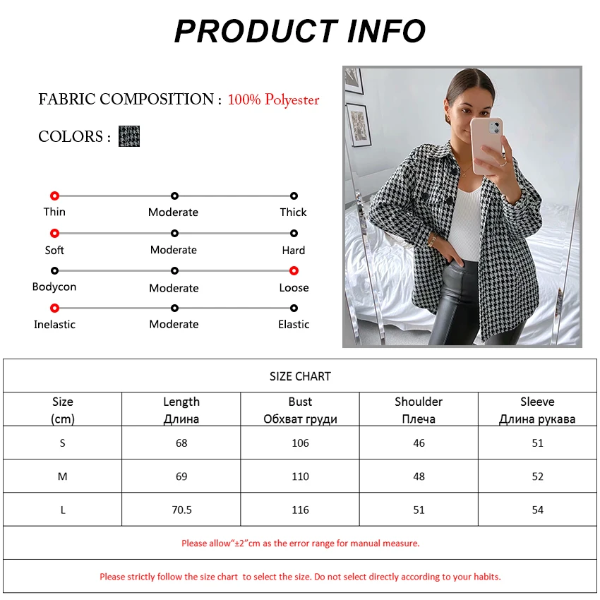 

OOTN Houndstooth Plaid Blouse Long Sleeve Women Jacket Coat Outerwears Vintage Office Lady Female Autumn Winter Pocket Button