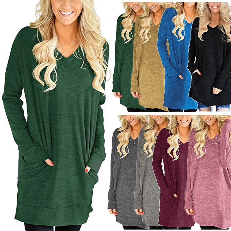 

Женская футболка с длинным рукавом, V-образным вырезом и карманами