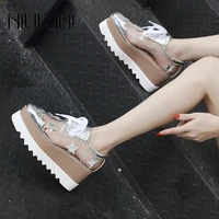 niufuni england lace up pvc transparent wedges womens shoes 2021 star clear pumps platform casual shoes high heels square head