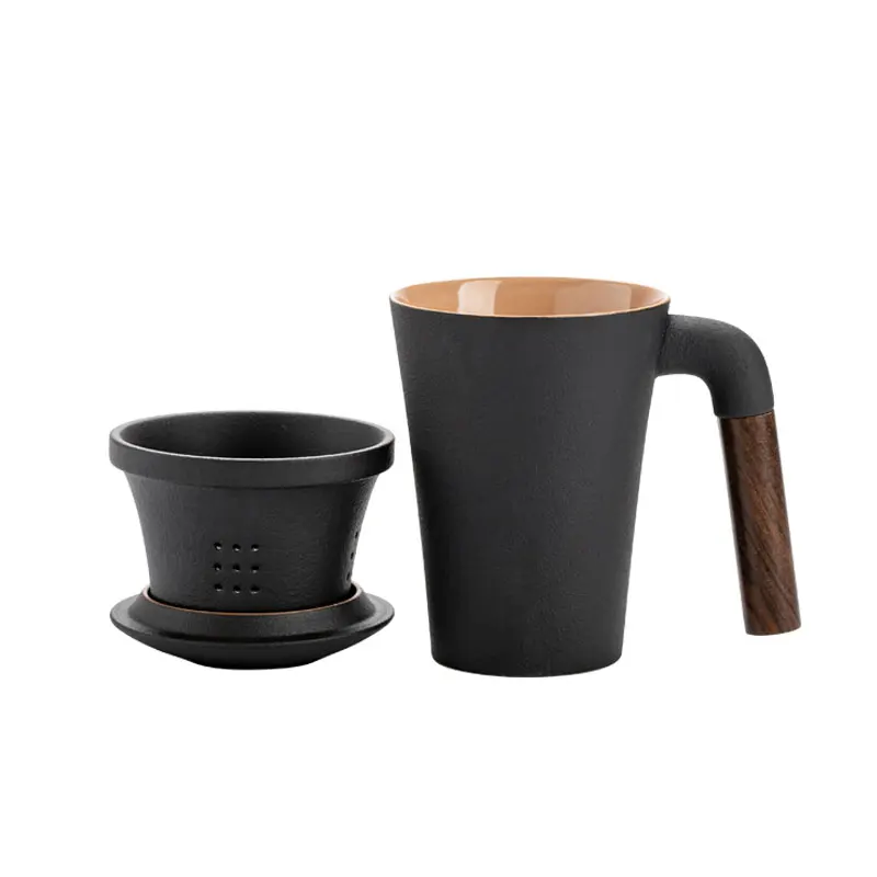 

Japanese Ceramic Tea Cup with Lid Filter Wooden Handle White Black Office Tea Mug Retro Minimalist Office Mug Handmade MM50MK
