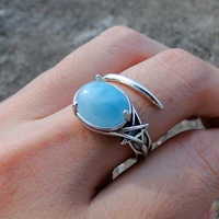 antique resizable ring 925 sterling silver oval cut 9x11mm natural dominica larimar engagement wedding star ring for women