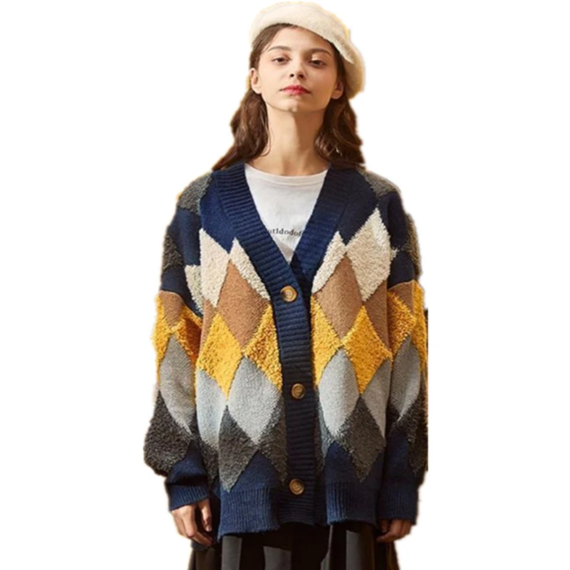 

Autumn Ladies Cardigans Long Sleeve Knitted Argyle Geometric Sweater Women Korean Vest Sweaters Jumpers Jacket with ButtonsTops
