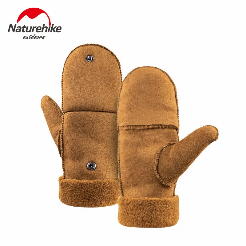 Brown Naturehike уличные зимние перчатки, утолщенные сверхлегкие меховые теплые перчатки, флипсовые зимние походные перчатки, более половины пальцев, спортивные перчатки - Цвет: Brown