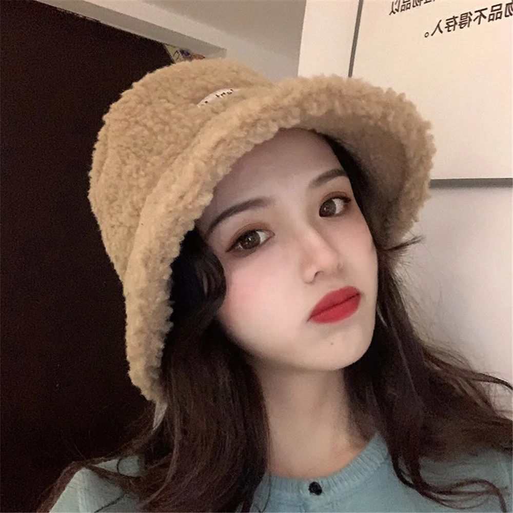 

2021 Korean Hat Fisherman Hat Female Autumn and Winter Fashion Tide Imitation Lamb Plush Wild Warm Pot Hat Plus Velvet Net Red