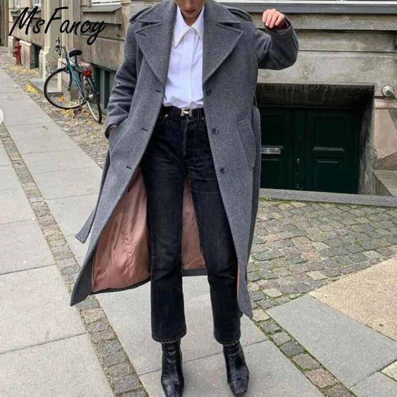 

Msfancy Gray Overlong Coat Women Wool Blends Single Breasted Long Jacket 2021 Lace Up Official Ladies Outwear