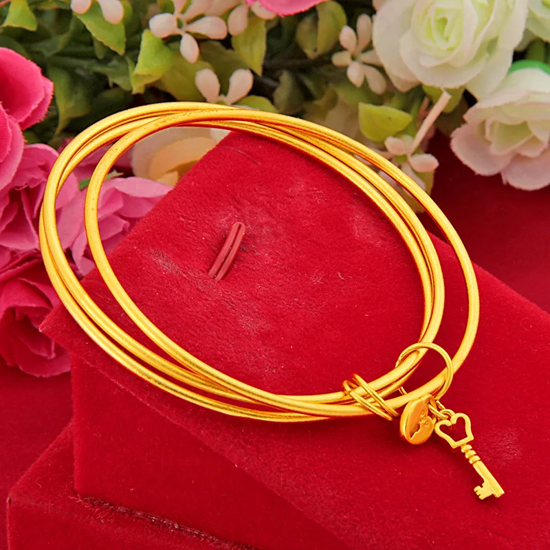 

24K Gold-plated Color Bracelet Women Key Lock Vietnam Sand Gold Bracelet Inheritance Gold-plated Fine Sand Three Circle Bracelet