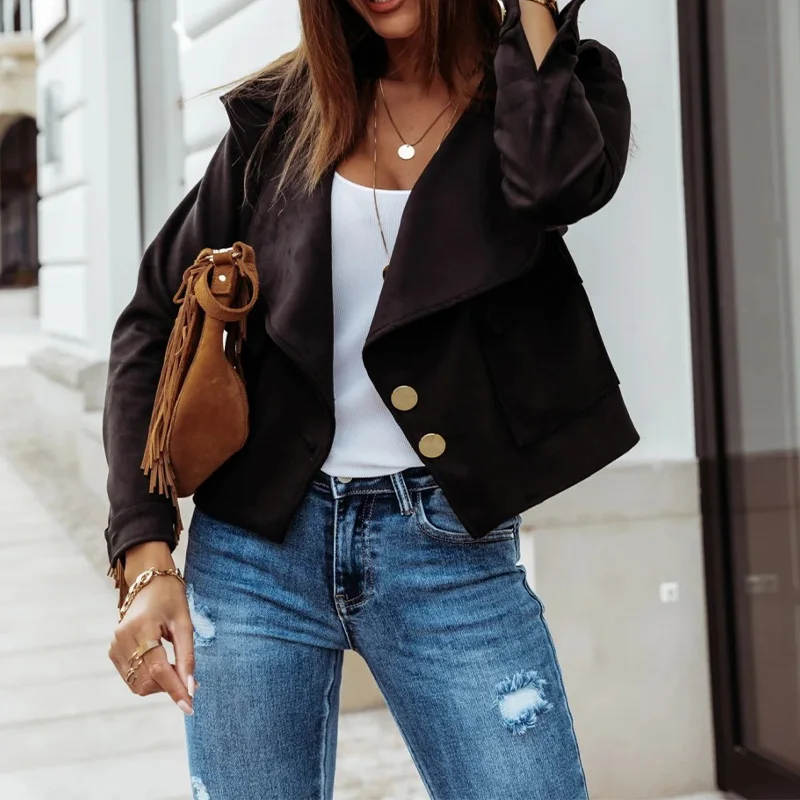 

Autumn Winter Suede Jacket Coat Women Turn Down Collar Slim Short Jackets Female Francais Streetwear Harajuku Ladies Top Coats