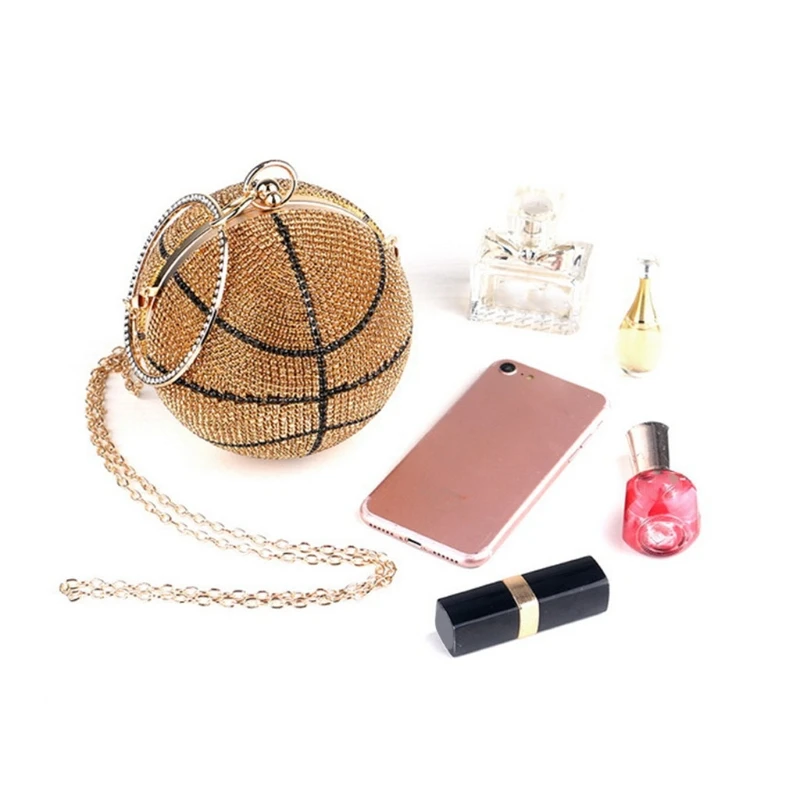 

Rhinestone Basketball Evening Bag Round Wedding Wristlets Handbag Glitter Clutch Purse with Detachable Chain