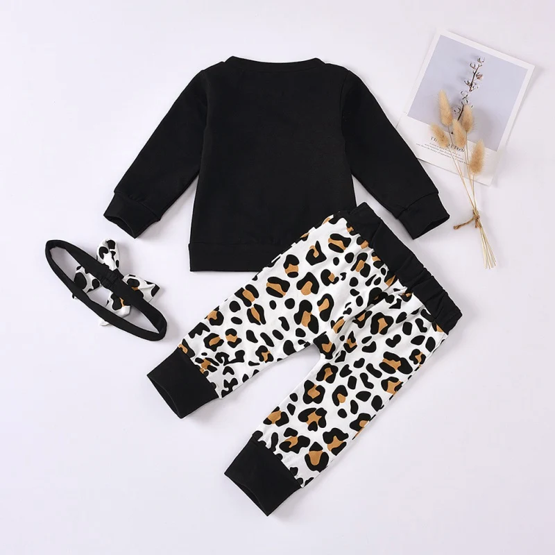 

Autumn Baby Girl Outfits Long Sleeve Letter Pattern Blouse+Leopard Pants Headband Casual Costume Set2