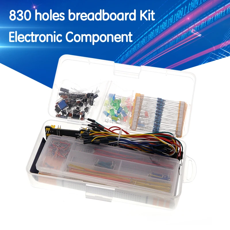 

Electronics Component Basic Starter Kit with 830 Tie-points Breadboard Cable Resistor Capacitor LED Potentiometer Box Packing