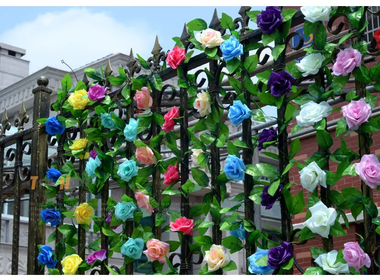 

240CM long Artificial rose Silk Flower Vine Green Leaf Vine Garland for Home Wall Party Decorations 8 color