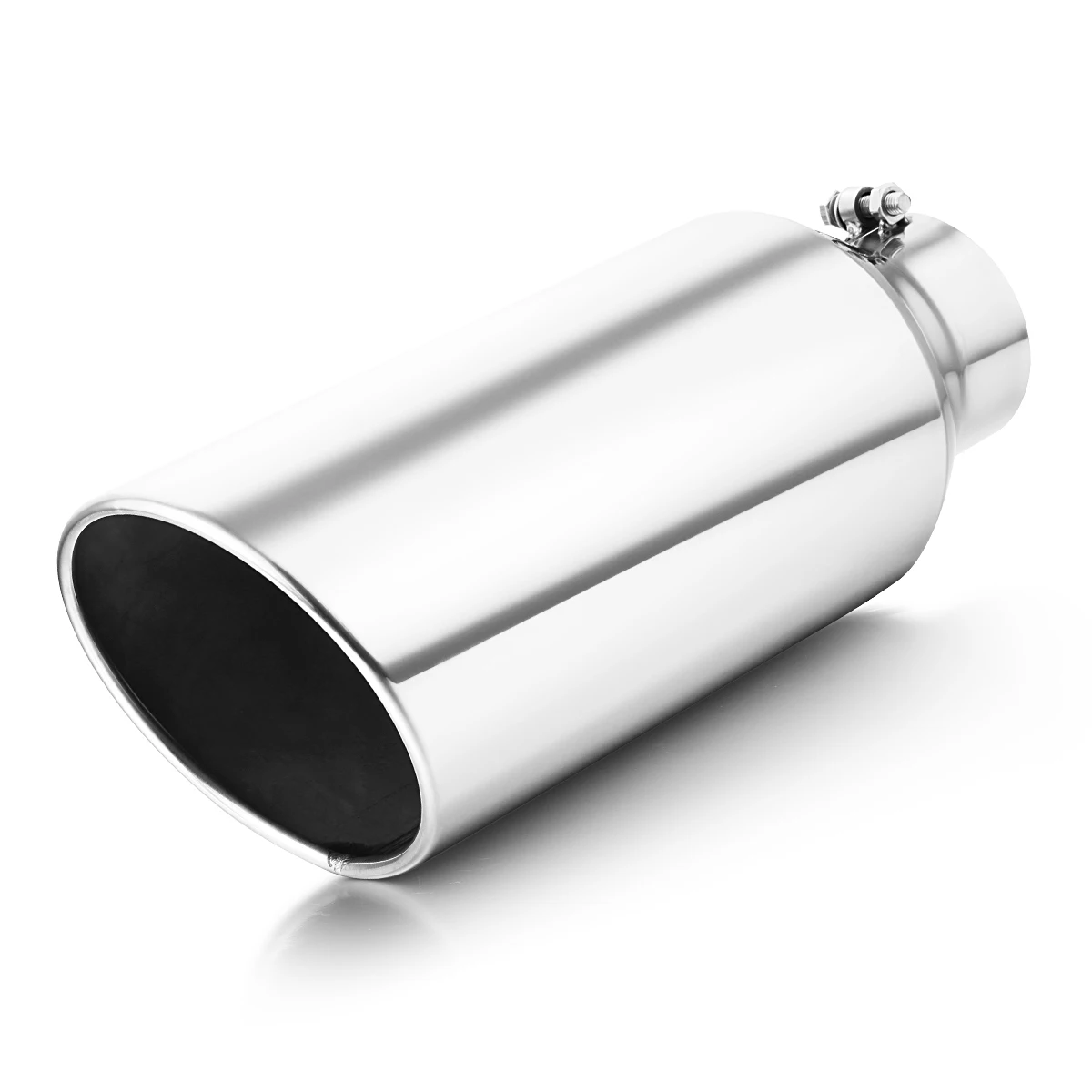 

Exhaust Tip of 4" Inlet 7" Outlet 18" Length Long Tail Tip Bolt on Stainless Steel Polished & Rolled Angle Cut
