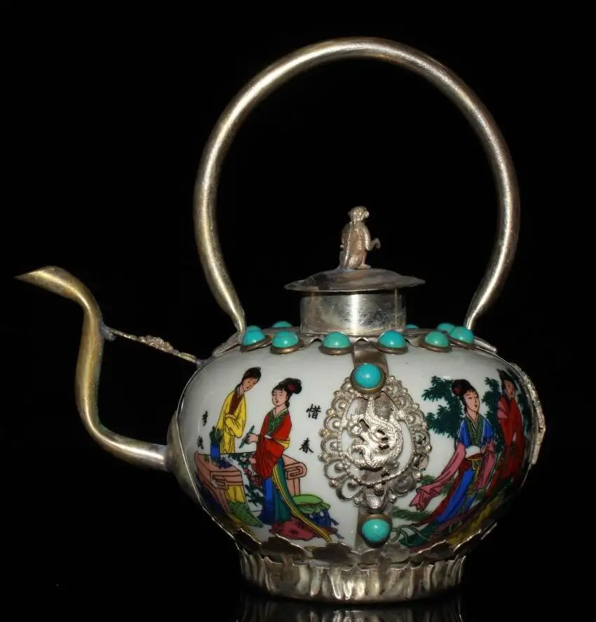 

Китайская статуэтка ручной работы из белой меди с керамическим чайником