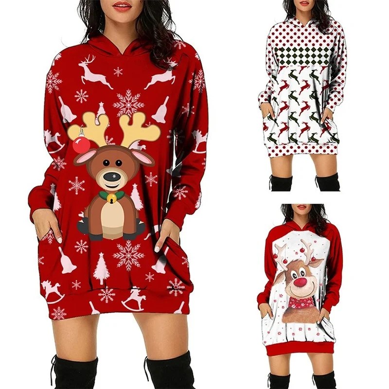 

Women's Autumn Mini Dress Sweatshirts Christmas Golden Fireworks Printed Long Sleeve Casual Sexy Dresses 2022 New Year Hot Sale