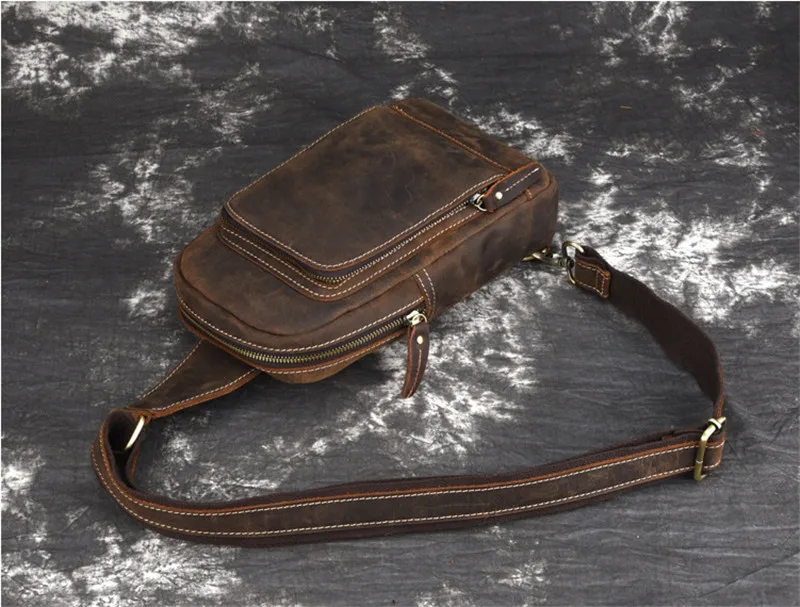 PNDME simple retro genuine leather men's chest bag luxury crazy horse cowhide messenger bags outdoor ipad phone shoulder | Багаж и