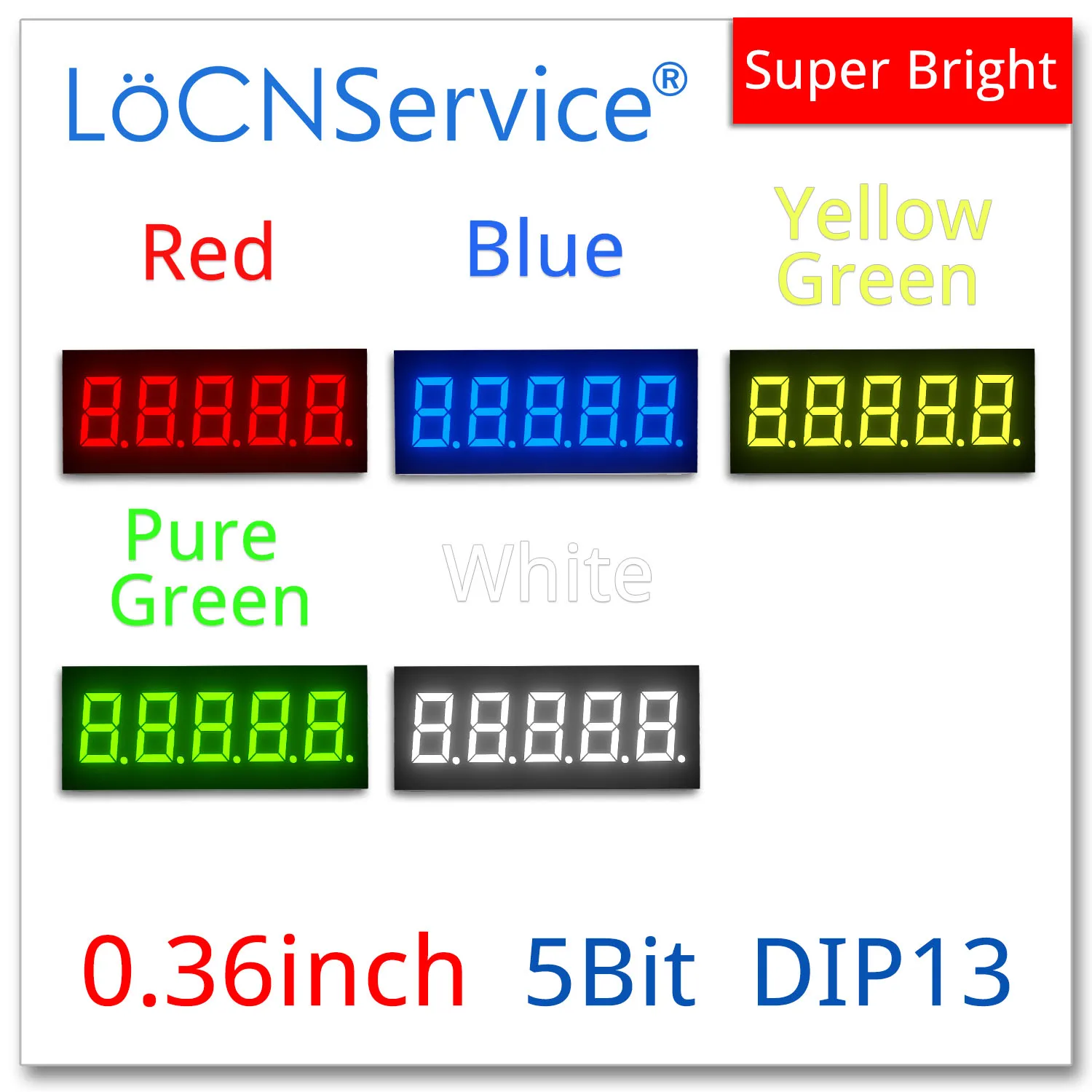 LoCNService 30PCS 0.36Inch Digital Tube LED Display 5 Bit Red Yellow Green Blue White Common Anode / Cathode 7 Segment 0.36 inch