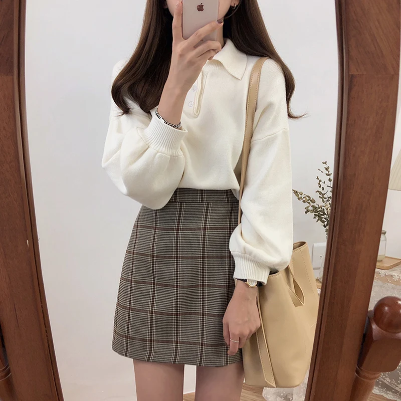 

Женский свободный свитер в стиле ретро SHZQ, повседневный Однотонный свитер в Корейском стиле, женские свитера в стиле Харадзюку, японская ми...