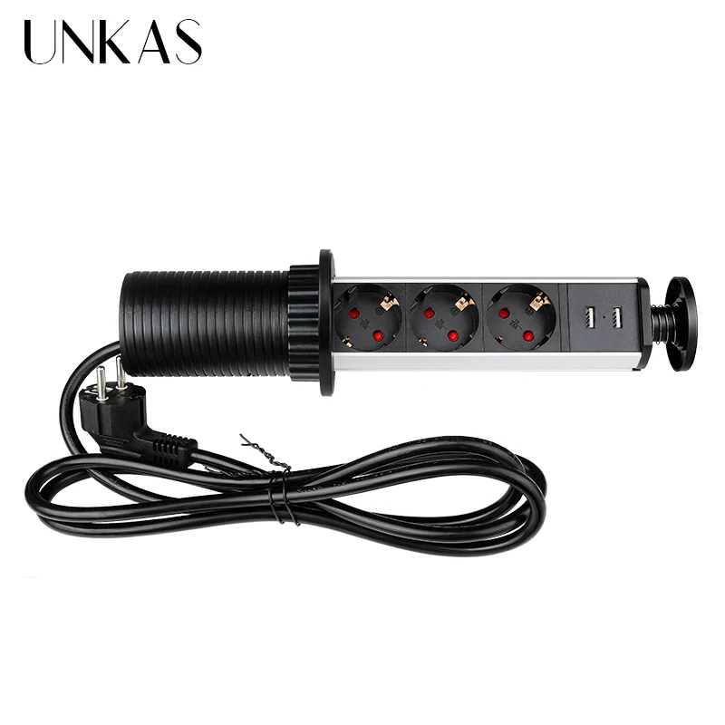 

UNKAS 16A PULL POP UP 3 Power EU Socket New Black Color Port Kitchen Table Desktop Dual USB Retractable Countertops Plug