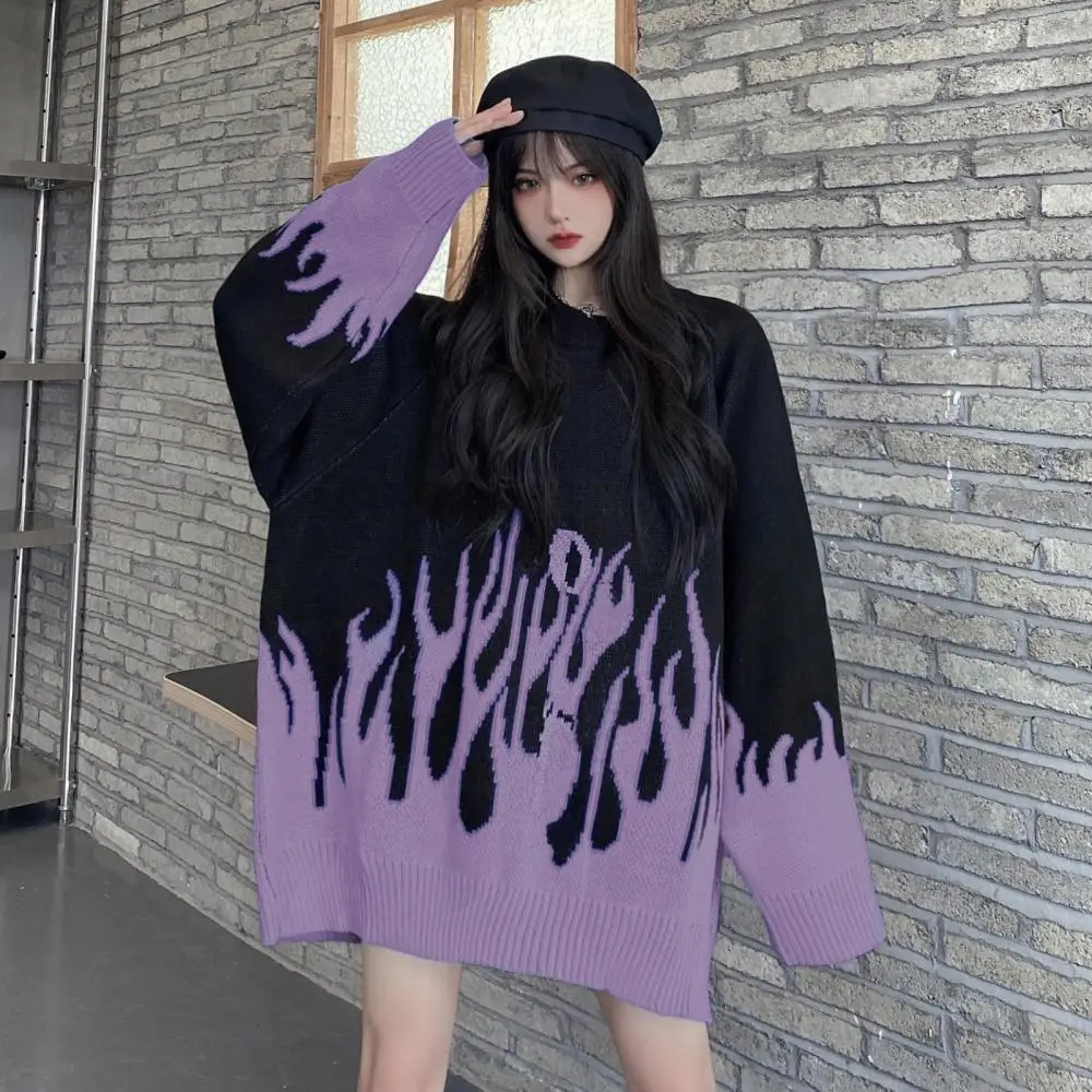 

Winter Autumn Oversize Sweater Loose Long O-Neck Flame Knitted Pullover Tops Oversize Sweater