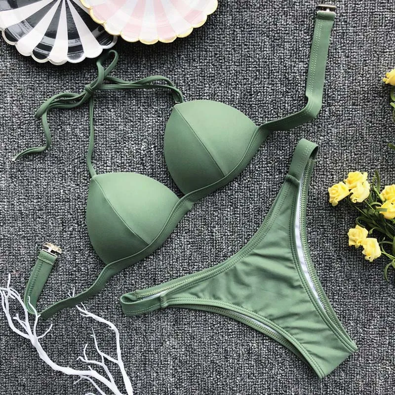 INGAGA Push Up Bikini Sexy Thong High Cut Swimwear Women Strap Halter Swimsuit Solid Bathing Suit New Brazilian Bikinis