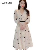 2021 summer new style polka dot printing fashion temperament womens v neck nine point sleeve mid length dress polyester a line